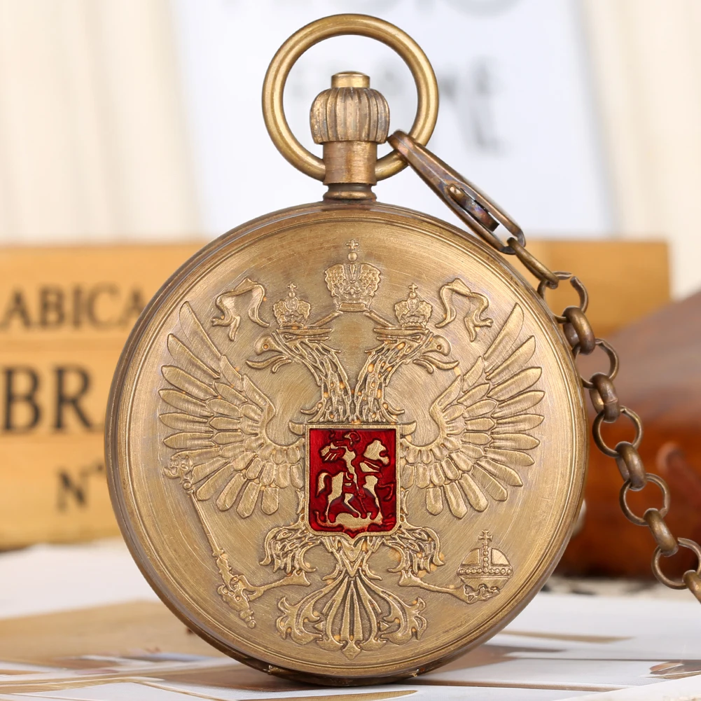خمر النحاس Steampunk برأسين النسر توربيون التلقائي الميكانيكية ساعة الجيب الرجال سلسلة قلادة ساعة الجيب هدية
