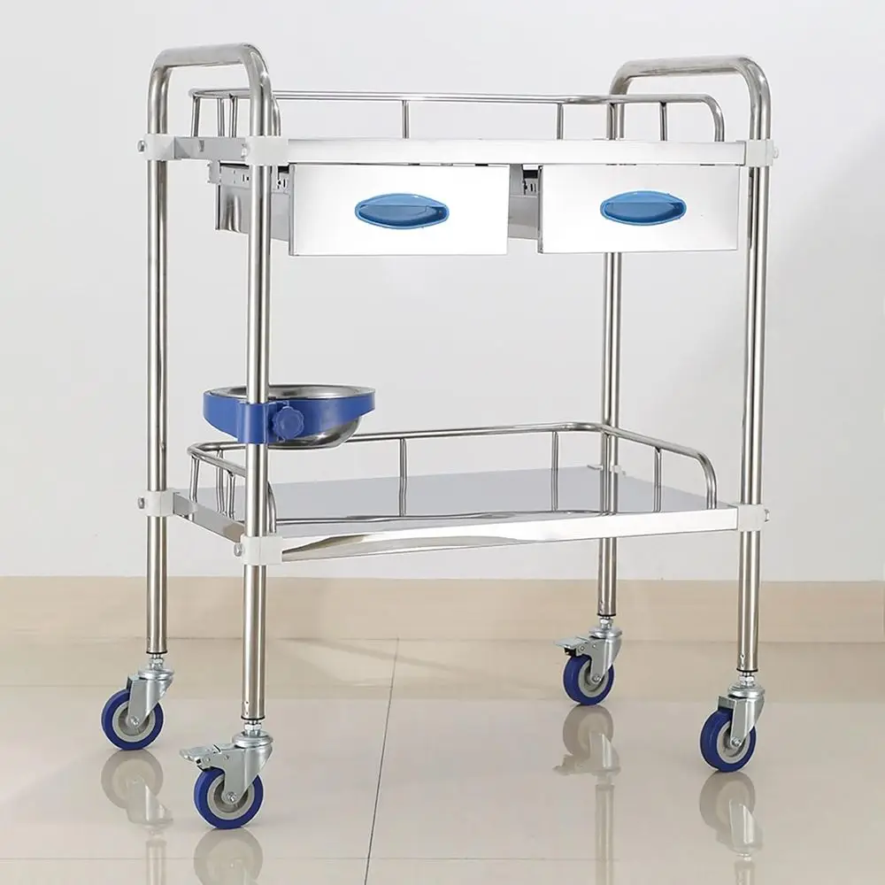 

Double-Deck Stainless Steel Utility Cart with 360° Silent Wheels, Ideal for Hospital and Lab Use (80x48x86cm)