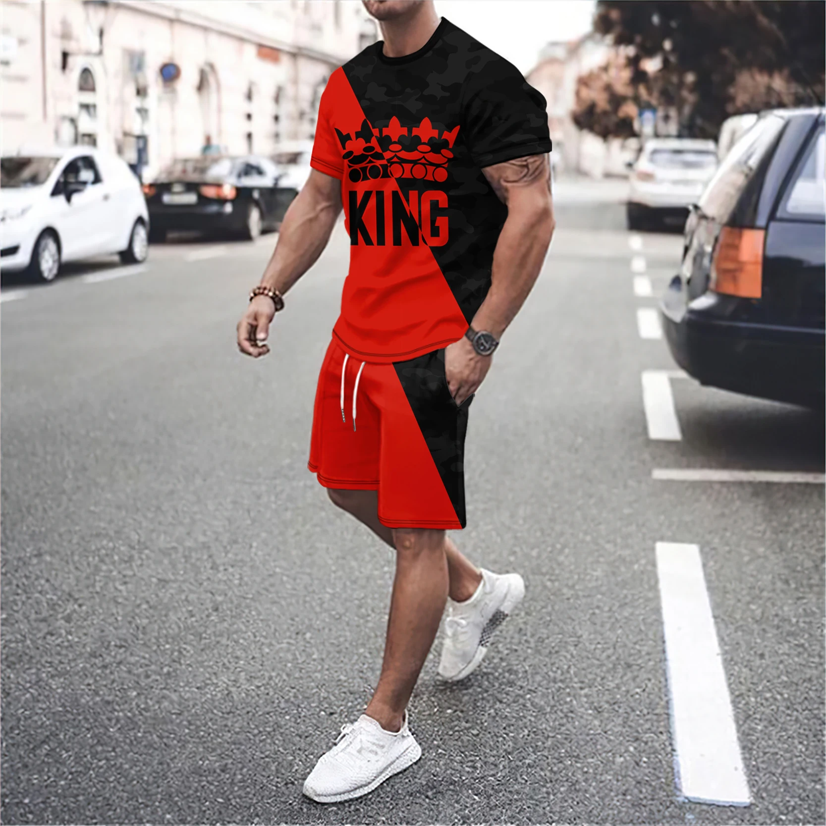 Men Luxury T Shirt Tracksuit 2 Piece Sets 3D Print Sports Short Sleeve Round Neck Casual Style All-Match Clothing Summer