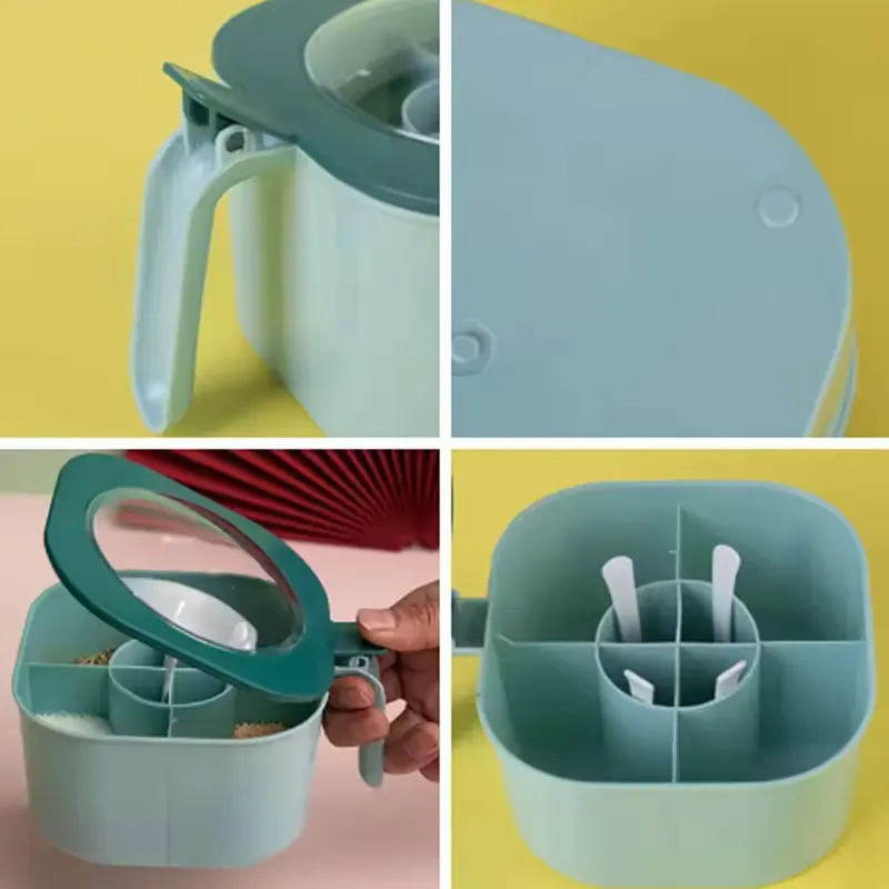 Tarro de especias 4 en 1, caja de condimentos con cuchara, sal, pimienta, especias, macetas, accesorios de cocina, contenedor de condimentos
