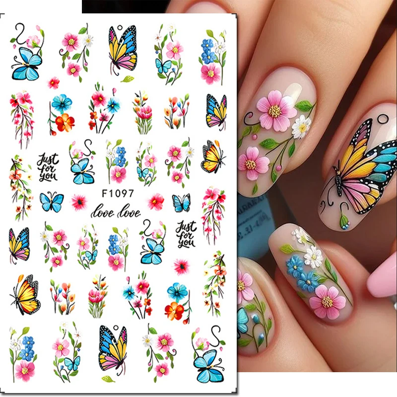 3d Nail Art Stickers Spring Blossom Pink Blue Flowers Full Tips Butterflys Decals For Nails Decorations Manicure Accessories
