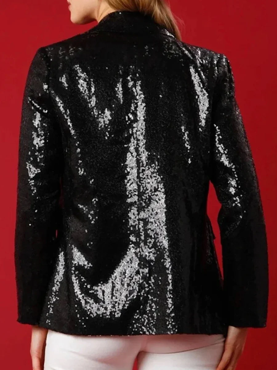 Women Christmas Sequin Jacket Singer Button Open Front Blazer Shiny Jacket Fall Casual Long Sleeve Sparkly Party Coat Streetwear