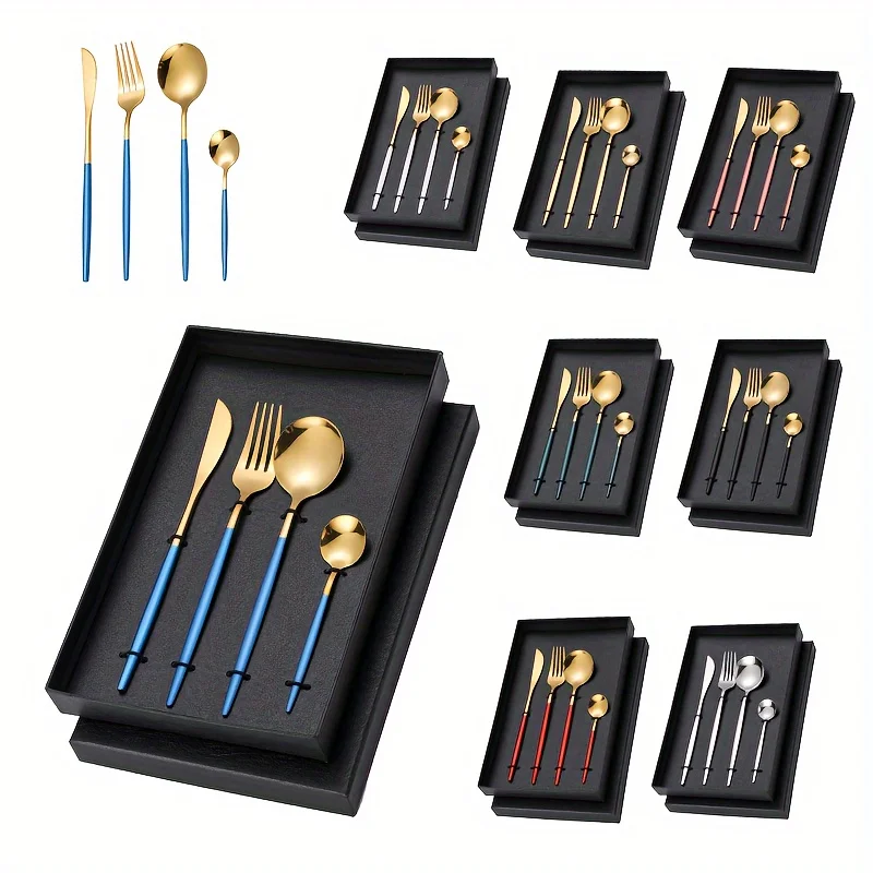 Stainless Steel Silverware Set Gift Box Gold Coating Flatware Set Knife Spoon Fork Black Cutlery Set Reusable