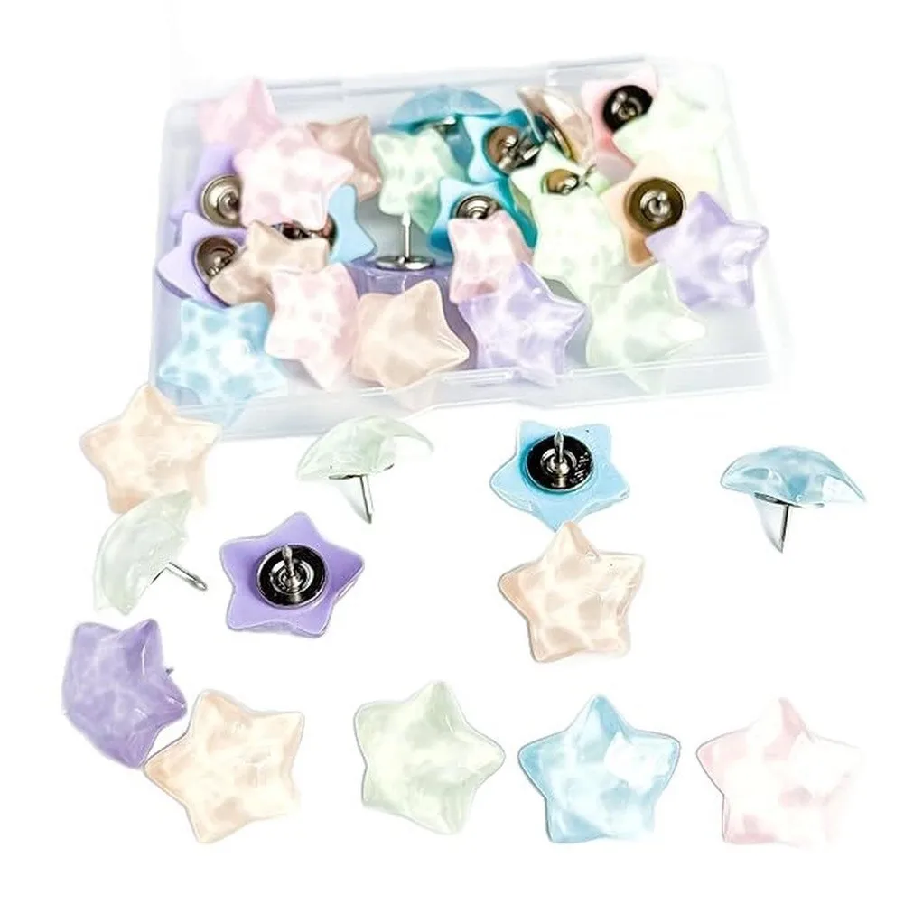 30pcs Star Push Pins Set with Water Ripple and Stitched Line Star Heads Pastel Pink Green Yellow Red Blue for Display Boards