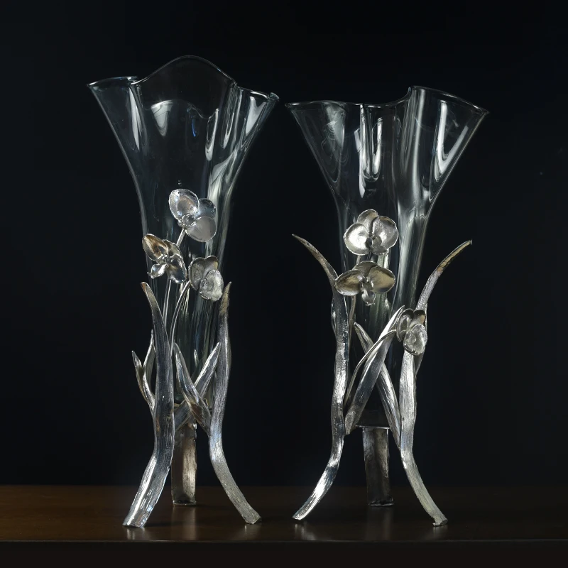 Vas bunga kuningan kaca aksesoris rumah