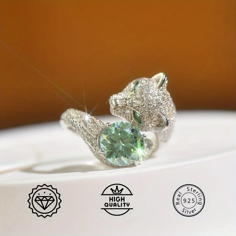 

Blue-Green Moissanite Rings, Leopard Head Fashion Ring For Unisex, Personality Luxury 925 Sterling Silver Street Style Hiphop