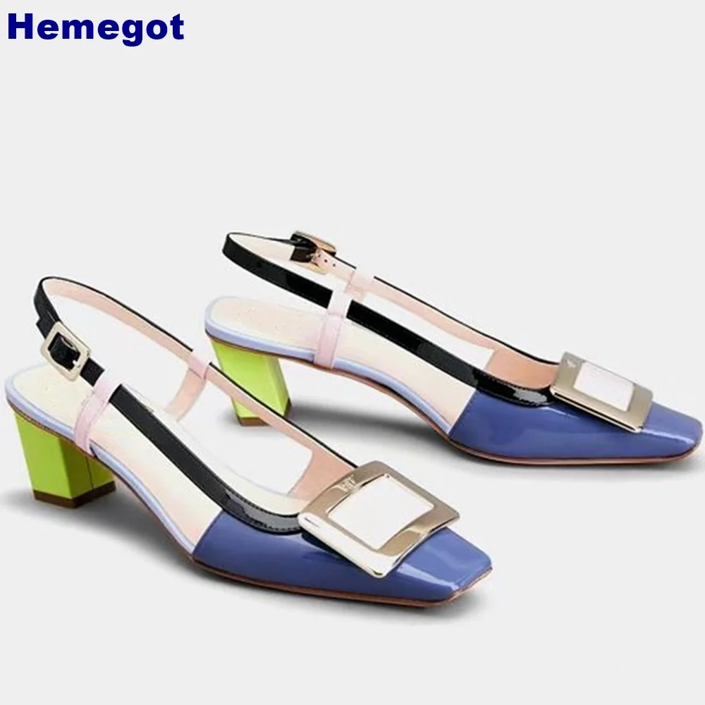 Square Buckle Patent Leather Sandal Summer Outdoor Casual Square Toe Thick High Heel Buckle Mixed Color Sandal Fashion for Women