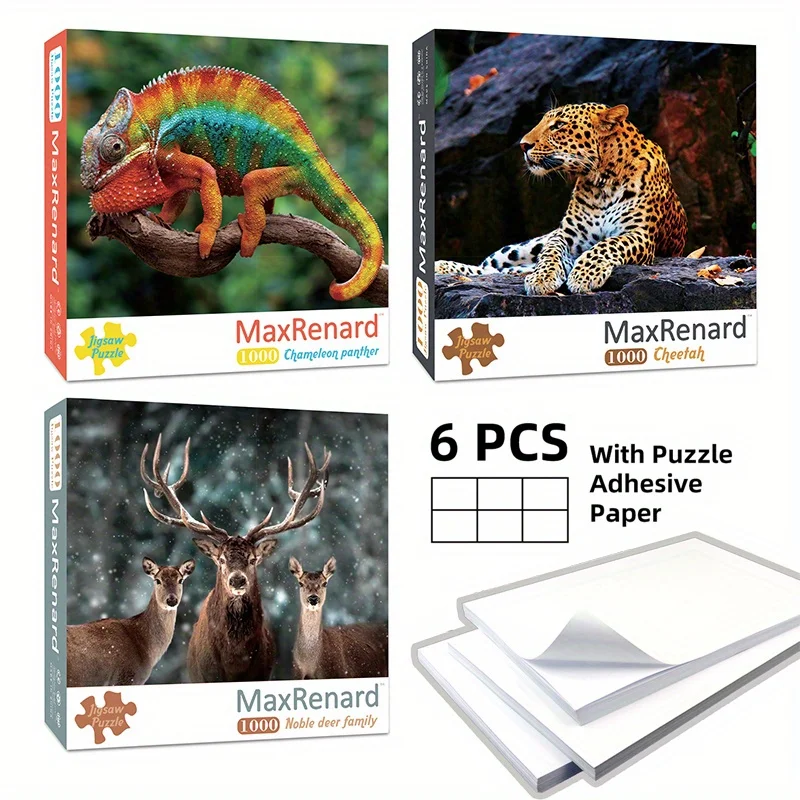 

Набор из 1000 бумажных пазлов серии «Животные» с 6 клейкими листами: Гепард, Олень, Хамелеон – для взрослых, 1000 элементов