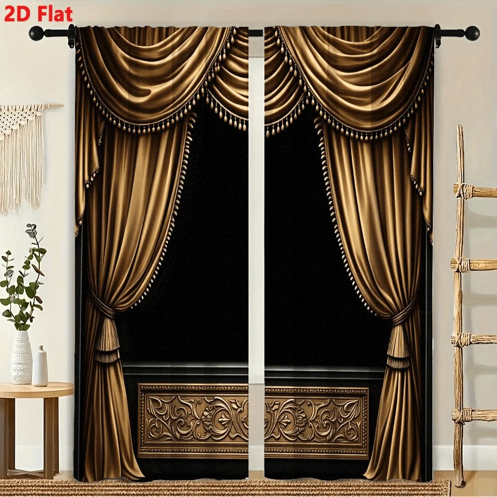 

2Pcs Curtains Golden Satin Curtains （Fake printing） Window Drapes for Bedroom Room Decor Decoration Window Treatment.