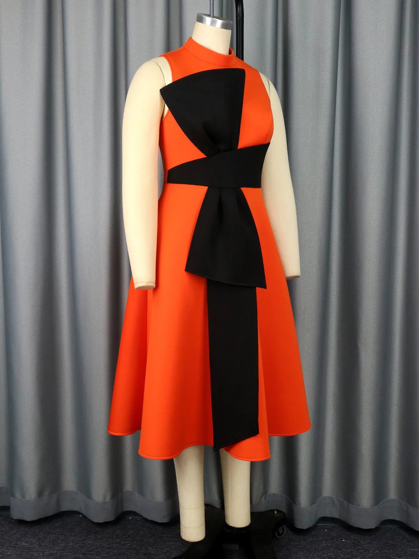 2024 New High Collar A Line Party Dress Sleeveless Orange Black Bowtie Empire Pleated Wedding Guest Evening Cocktial Event Gown