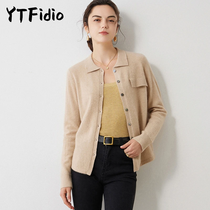 

YTFidio 100% Cashmere Women POLO collar half sleeved Shirt Solid Shirt Collar Casual Knitwear Tops Office Cardigan 46