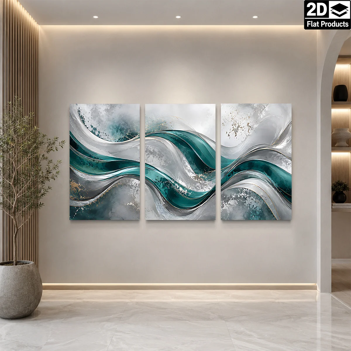 Frameless canvas 2D Flat 3PCS - The painting features green and gray wavy patterns with gold accents. Themed Canvas Wall Art,