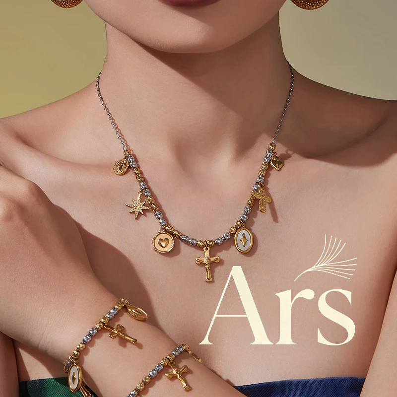 Ars Stainless Steel Gold Plated Beaded Necklace Matching Bracelet For Women Multi Cross Charms Necklaces Bracelets Jewelry Sets