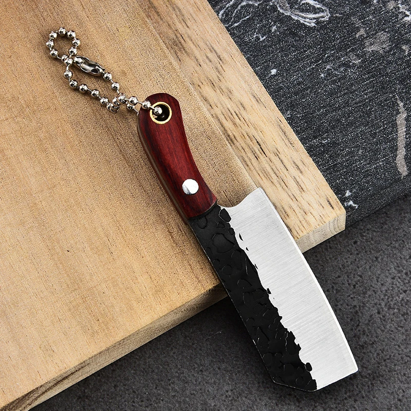 New Forged Pattern Knife Wood Handle Kitchen Key Chain Pocket Knife Stainless Steel Camping EDC Small Portable Open Box Knife