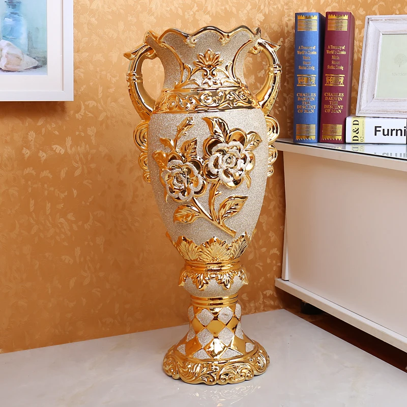Porcelain vase floor high foot wide mouth gold luxury living room beside the TV cabinet large decoration