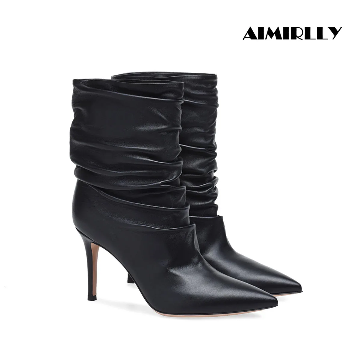 Women's High Heel Ankle Boots Black Pointed Toe Pleated Pull On Low Shaft Boots Spring & Autumn Shoes