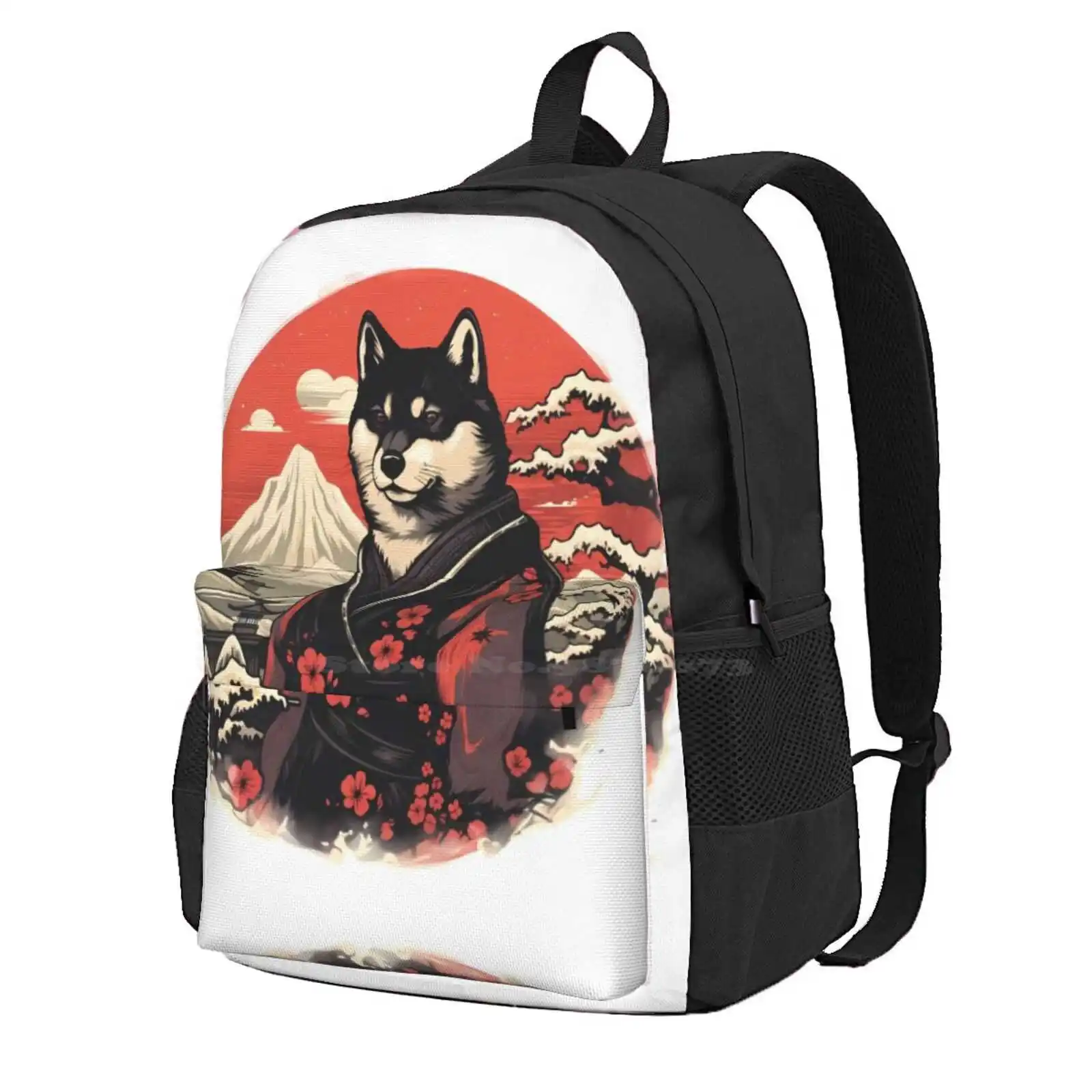 Black Shiba Inu Dog Samurai In Floral Hakama Hot Sale Schoolbag Backpack Fashion Bags Dog Shiba Inu Shinobi Samurai Ukiyo E