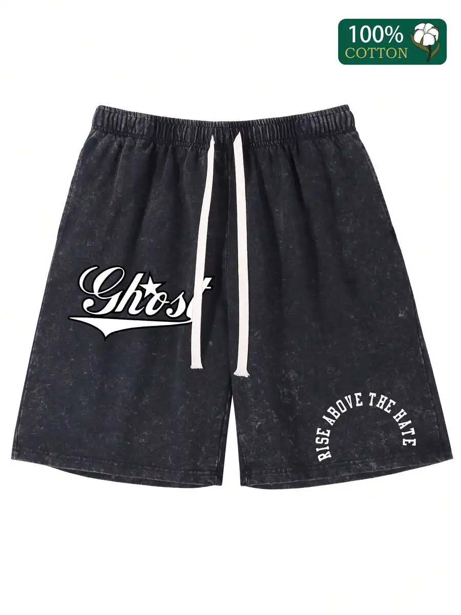 

Mens Washed Vintage Cotton Drawstring Shorts With Letter Print