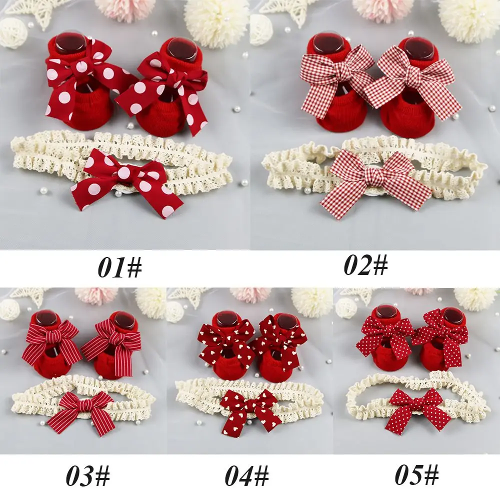 Bow Headband หัวใจเด็กคริสต์มาสของขวัญเด็กวัยหัดเดินถุงเท้าชั้นทารกถุงเท้ากันลื่นทารกแรกเกิดถุงเท้าเด็กผู้หญิงถุงเท้าชุดคาดศีรษะ