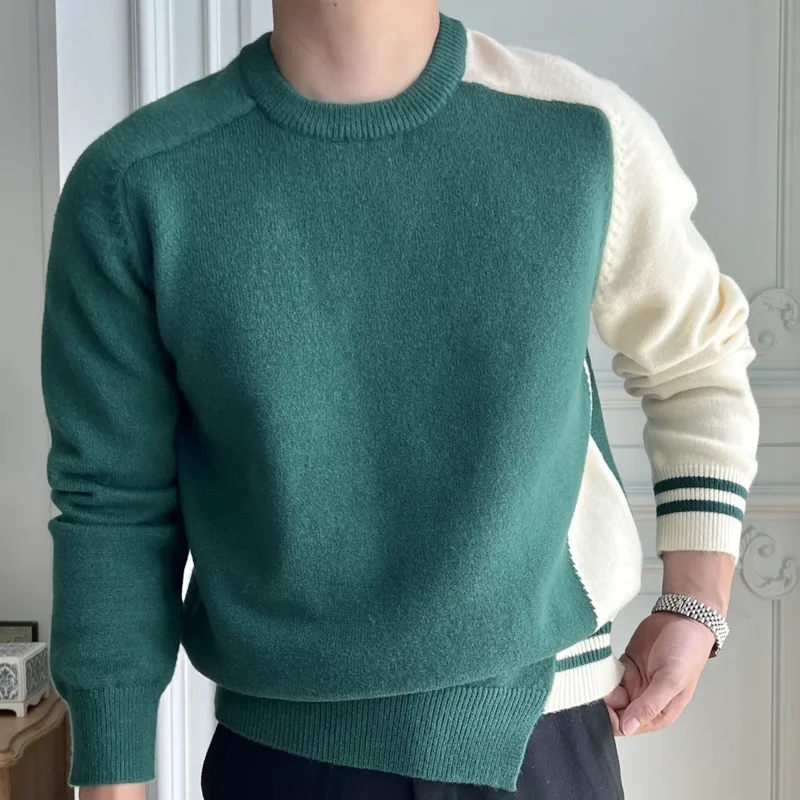 

Autumn Sweater For Men Knitted Round Neck Sweater SIrregular Color Contrast Stitching Sweater Mens Pullover Sweater Pull Homme