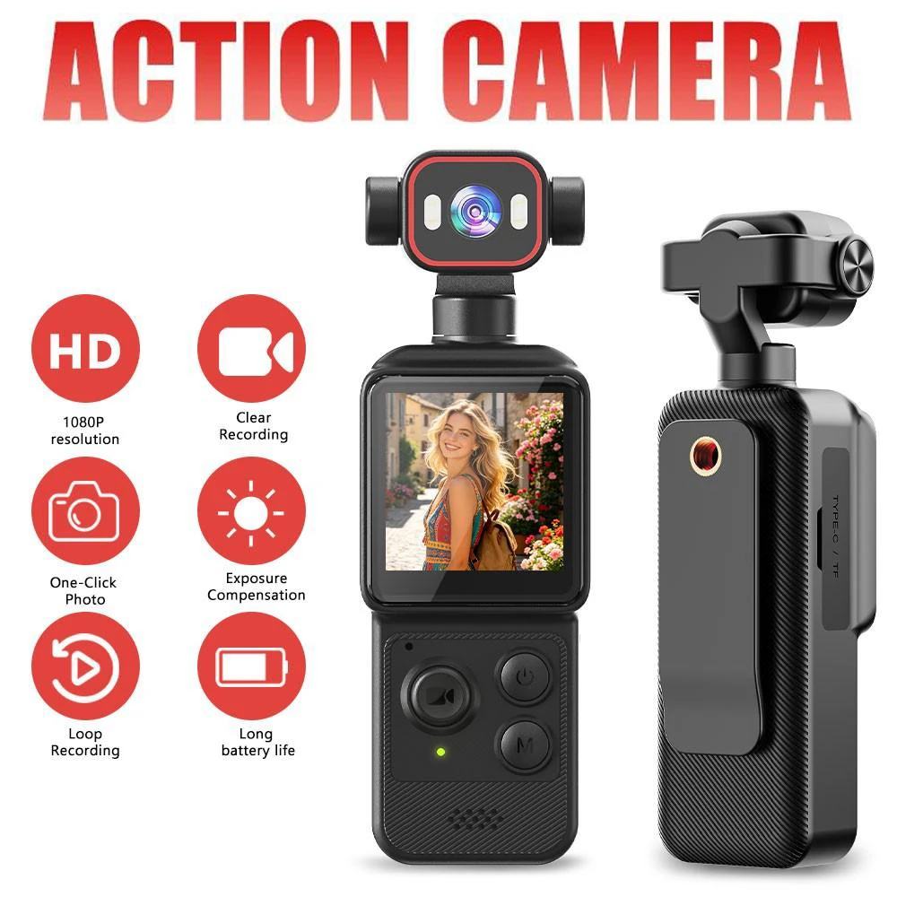 1080P Vlogging Camera, Pocket Camera, 180° Rotating Lens, WiFi Video Camera, 1.54