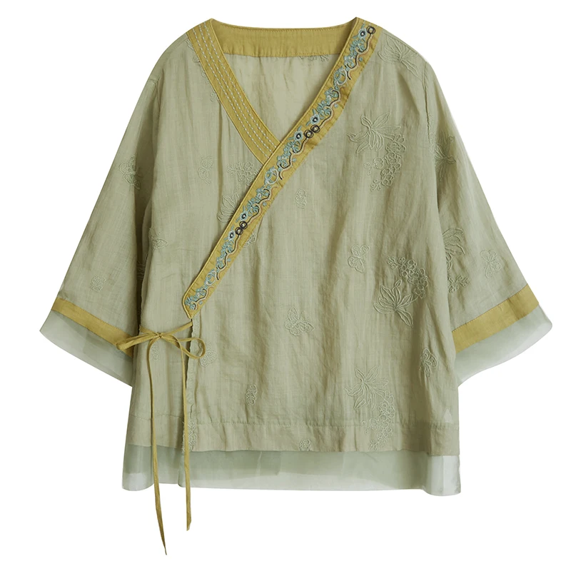 Retro Chinese Cotton Linen Embroidered irt Women Summer Ogeen Splicing Oblique Sve Tea Costume Top Straight Cut Regular ...