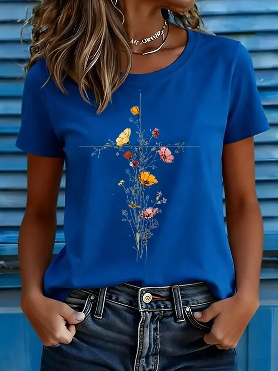 Women's Vintage Floral Graphic T Shirt, Crew Neck Short Sleeve Casual Tops, Blue Royal Blue White Hue for Daily Summer Outfit