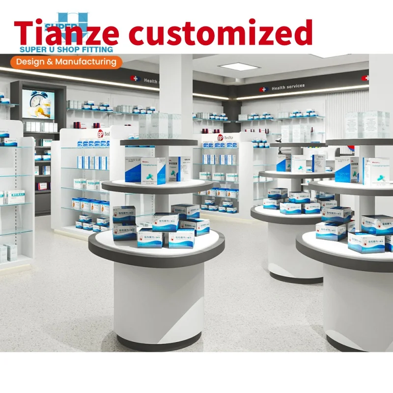 

(customized)Customized Wooden Pharmacy Shelves Medical Glass Display Shelf Gondola Trendy Pharmacy Shop Interior Design