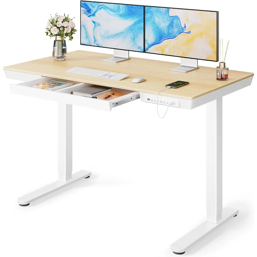 Electric Solid Standing Desk 48 x 24 inch Sit Stand Desk with Drawer Height Adjustable Tabletop featuring USB Charging Ports an