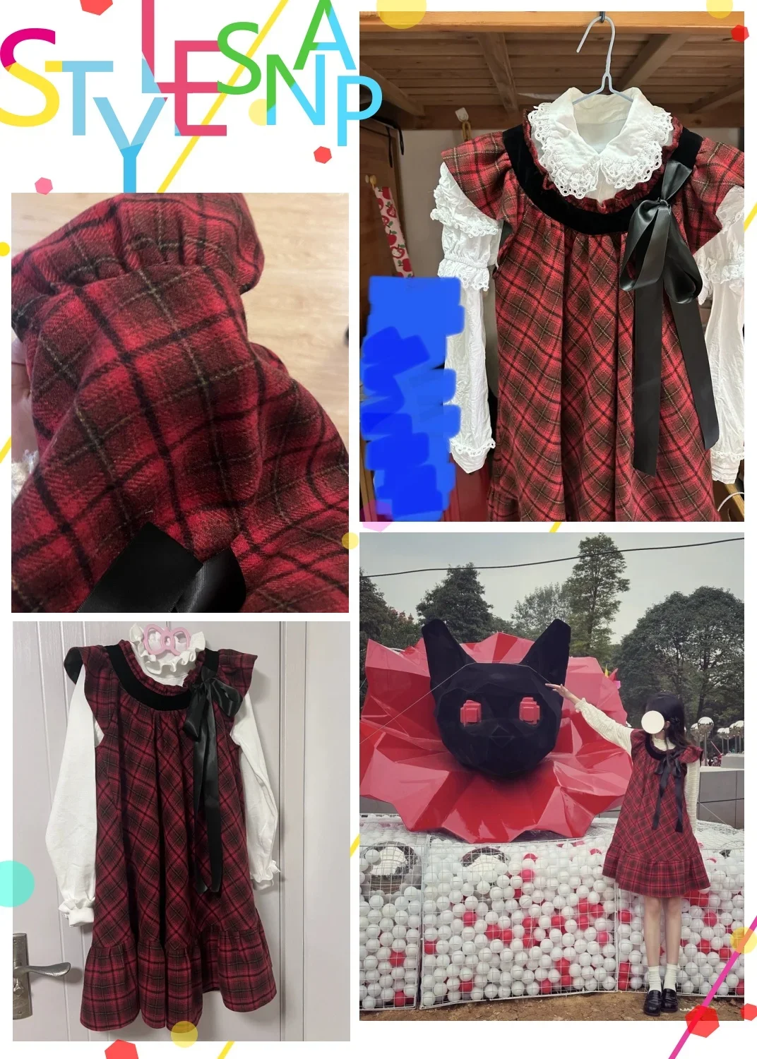 Coalfell Sweet Berry Cherry Red Checkered New Year's Robe Autumn/Winter Tank Top Skirt Round Neck Super Beautiful Dress