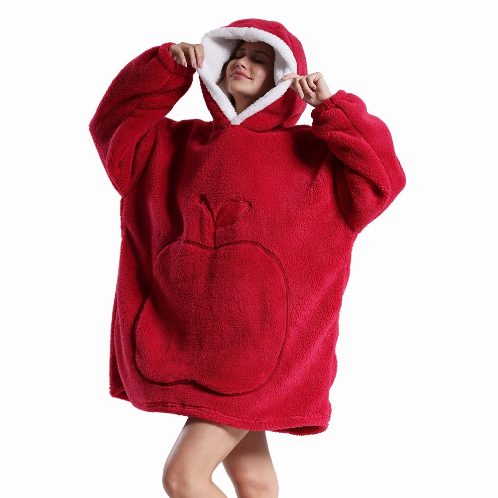 Winter Plush Hoodies Sweatshirt Women Men Pullover Long Sleeve Apple Pocket Tops Fleece Giant TV Oversized Blanket with Sleeves