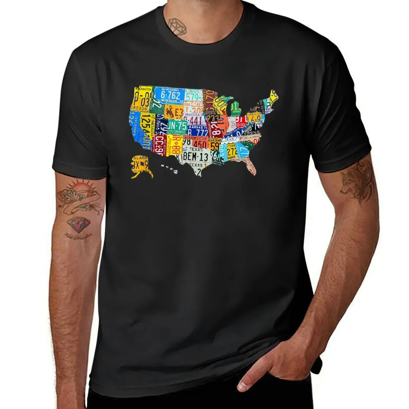 License Plate American Flag US Map Art American Map Shirt T-Shirt summer top blanks aesthetic clothes black t-shirts for men