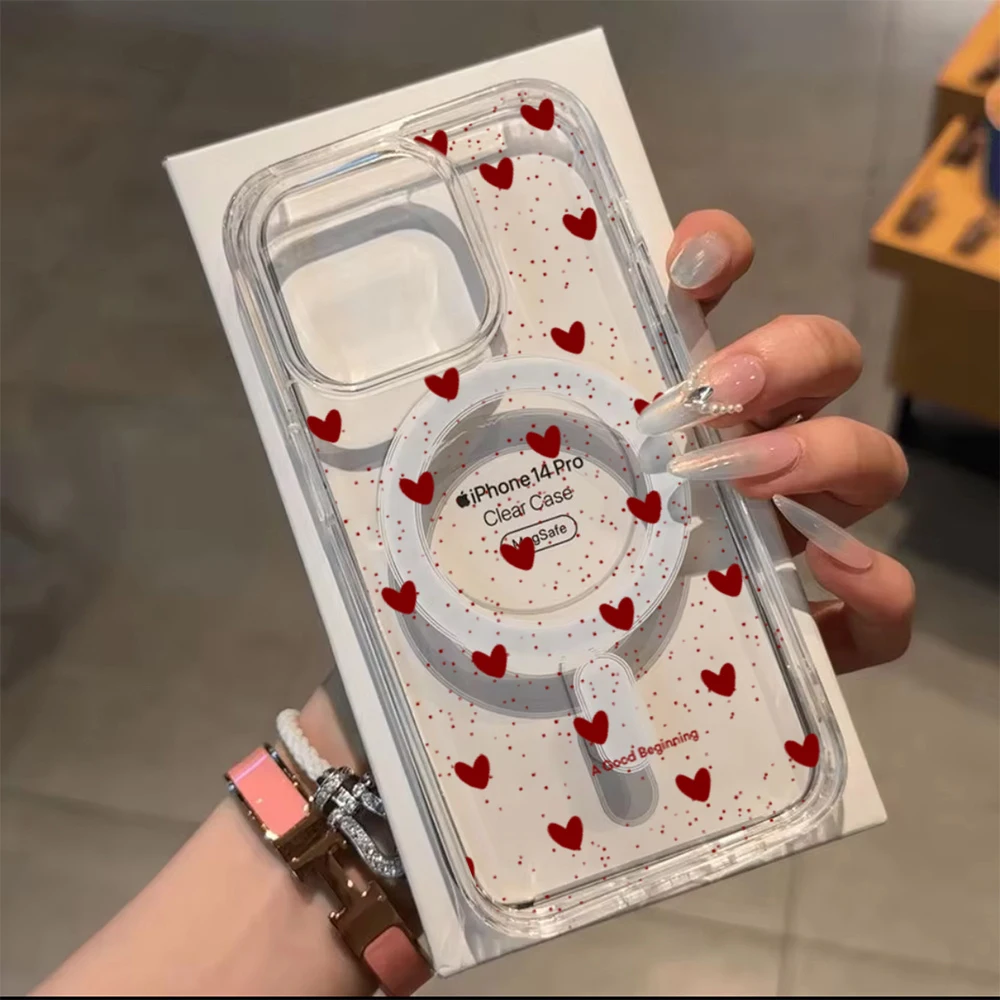 Einfache Herz-Polka-Dot-Stoßfeste Hülle für iPhone 15 17 Pro Max Hüllen iPhone 11 12 13 ProMax 14 16 Plus 16E Klare Magnetische Abdeckung – Detail 6