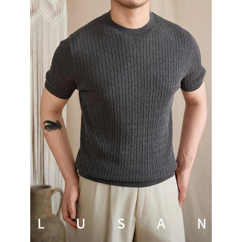 

Versatile thin summer short-sleeve round-neck shirtTMen's retro Japanese-style cable-knit breathable T-shirt trendy