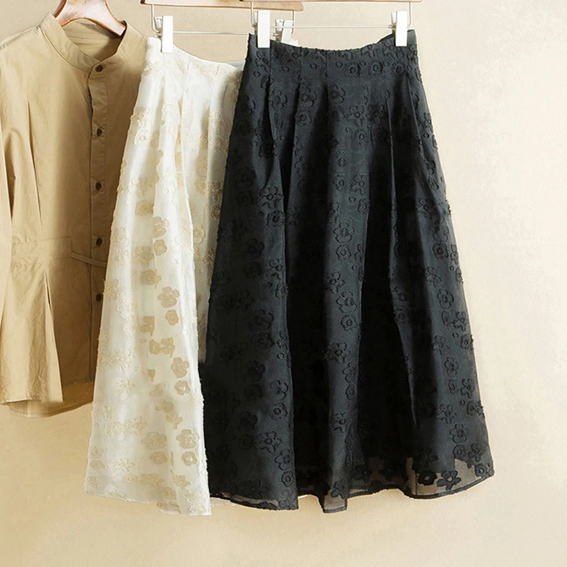 

Jacquard Slim Skirt Summer Elegant Retro Style Versatile High Waist Pleated Mid Length Umbrella Skirts Female Clothing