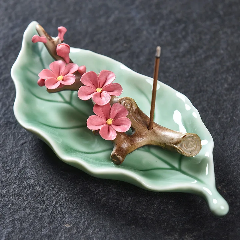 Handmade Home Furnishings Ceramic Leaves Peach Blossoms Branches Incense Sticker Holder Censer