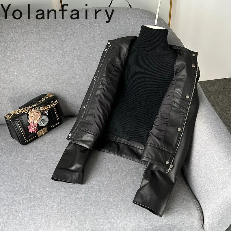 YOLANFAIRY Cappotto in vera pelle Giacca da donna Abbigliamento autunnale Donna Slim Vita alta Colletto alla coreana Giacche corte in pelle di pecora FCY