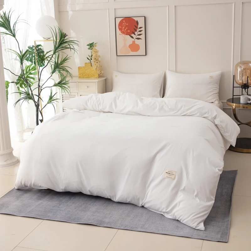 Thickened 110g Polyester Ultra-Soft White 4-Piece Set Combination Set, Japanese-Style Minimalist Soft Comfortable Breathable Solid Color Bedding Set, Nordic Style Patchwork Design Simple Duvet Set, Suitable for Bedrooms and Hotel Rooms, Usable All Year Round, Includes Duvet Cover + Pillowcase + Bed Sheet, Does Not Include Pillow and Quilt Inserts