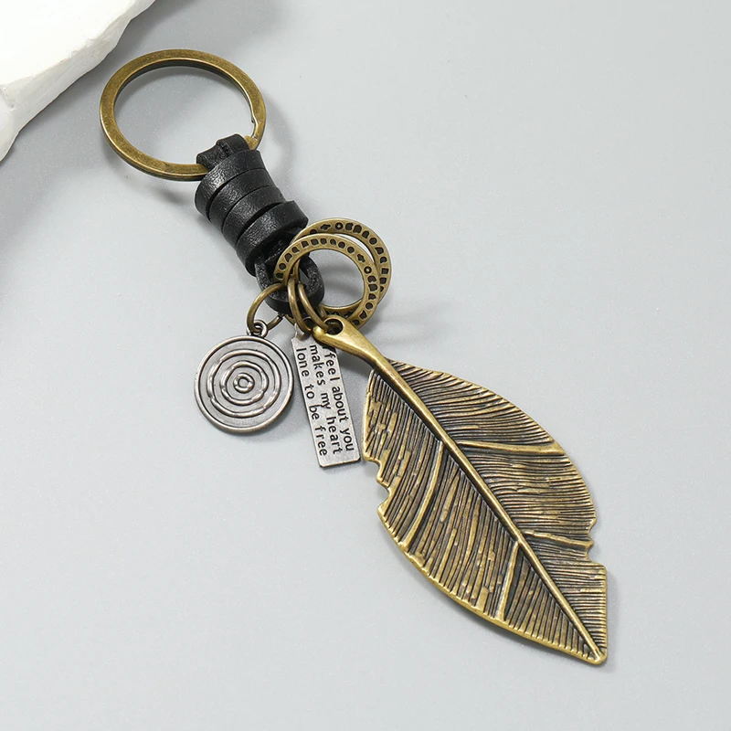 Fashion metal leaf pendant men keychains leather key ring