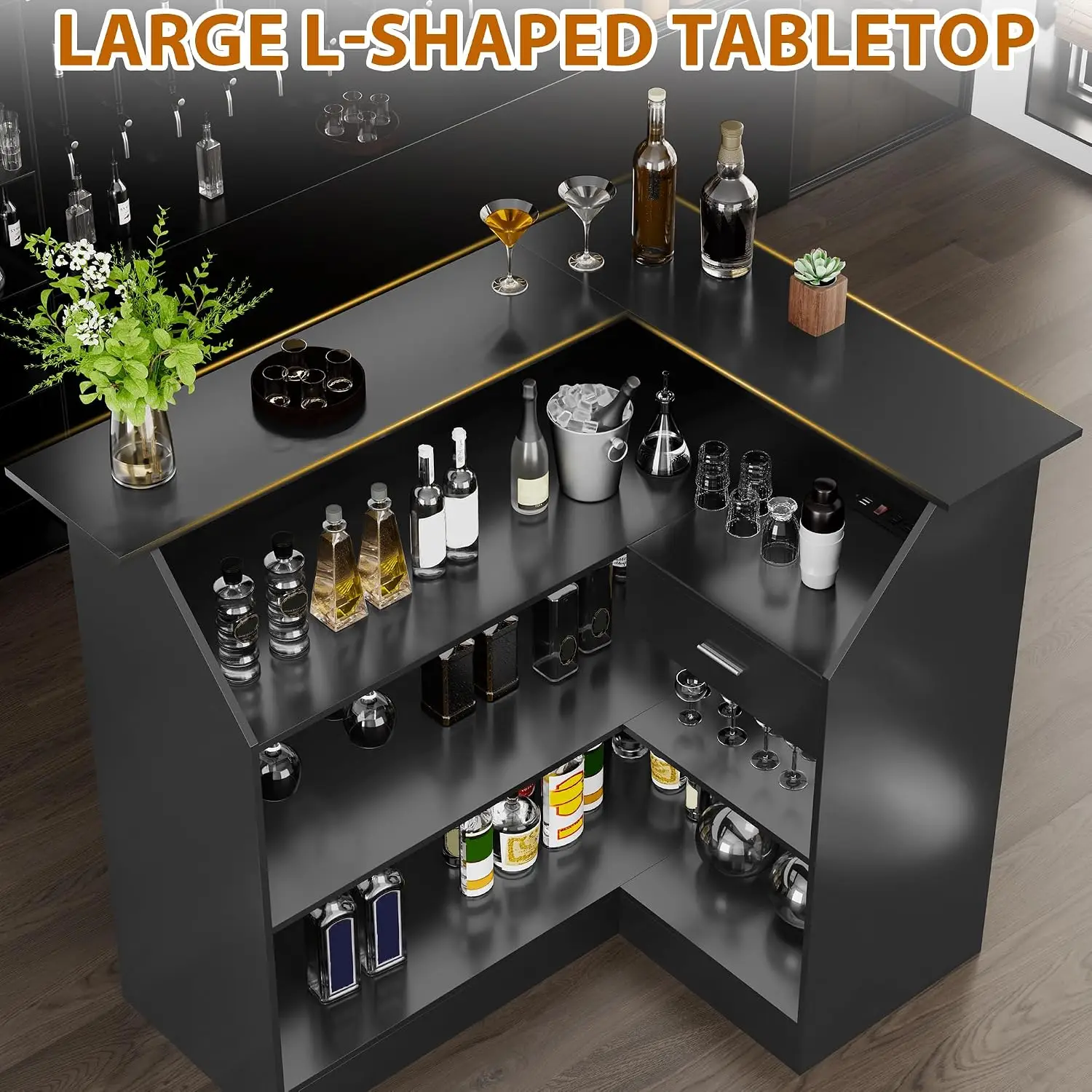 L-Shaped Bar Unit 4-Tier Corner Cabinet with Outlet Drawer & Stemware Racks Wine Storage , Customized