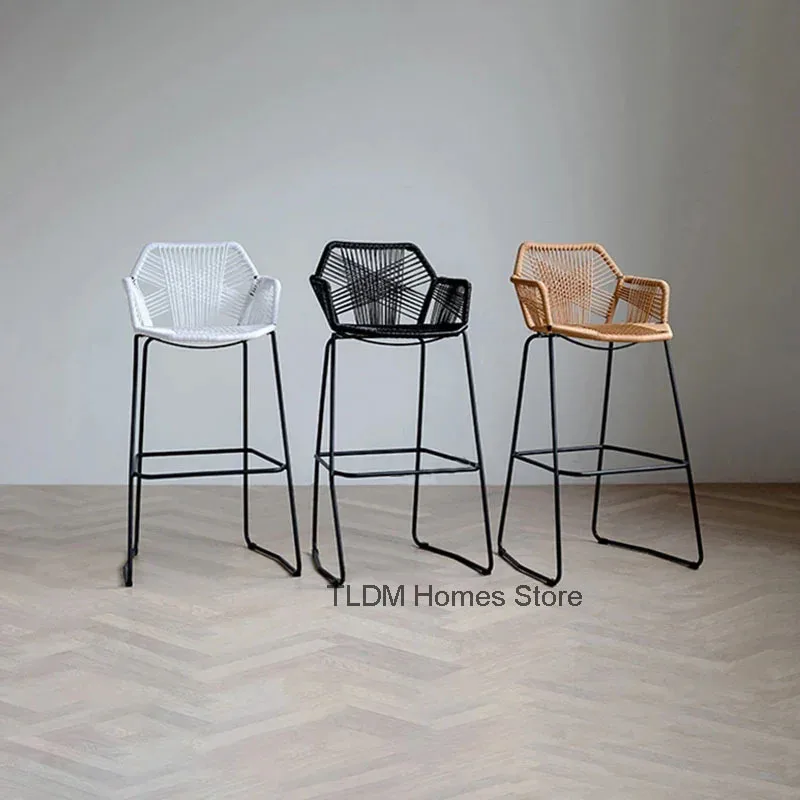 Taburetes de Bar nórdico, silla de Bar de ratán creativa, silla de ratán, sillón trasero, silla de balcón al aire libre, taburete de Bar minimalista moderno de hierro Jj