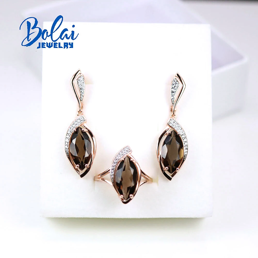 925 Sterling silver Ring Earrings jewelry set natural smoky quartz gemstone fine jewelry for women anniversaries party gift