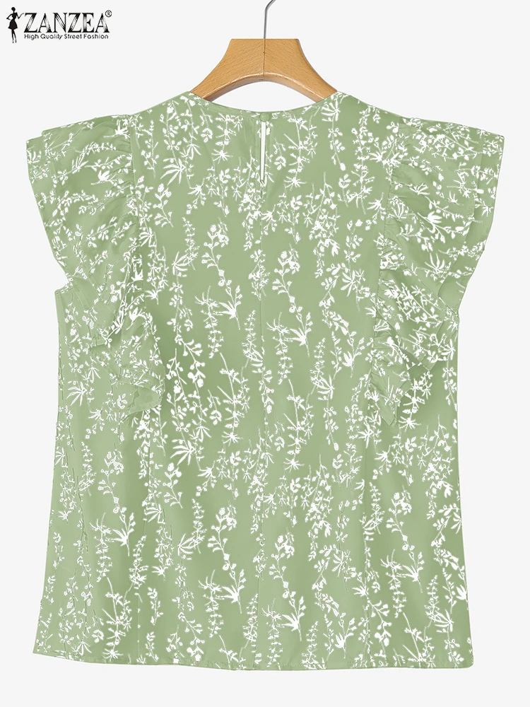 ZANZEA 2023 Sommer Frauen Tunika Bluse Kurzarm Rüschen Shirts Fashion Floral Gedruckt Casual Tops Lose Böhmischen Blusas Femme