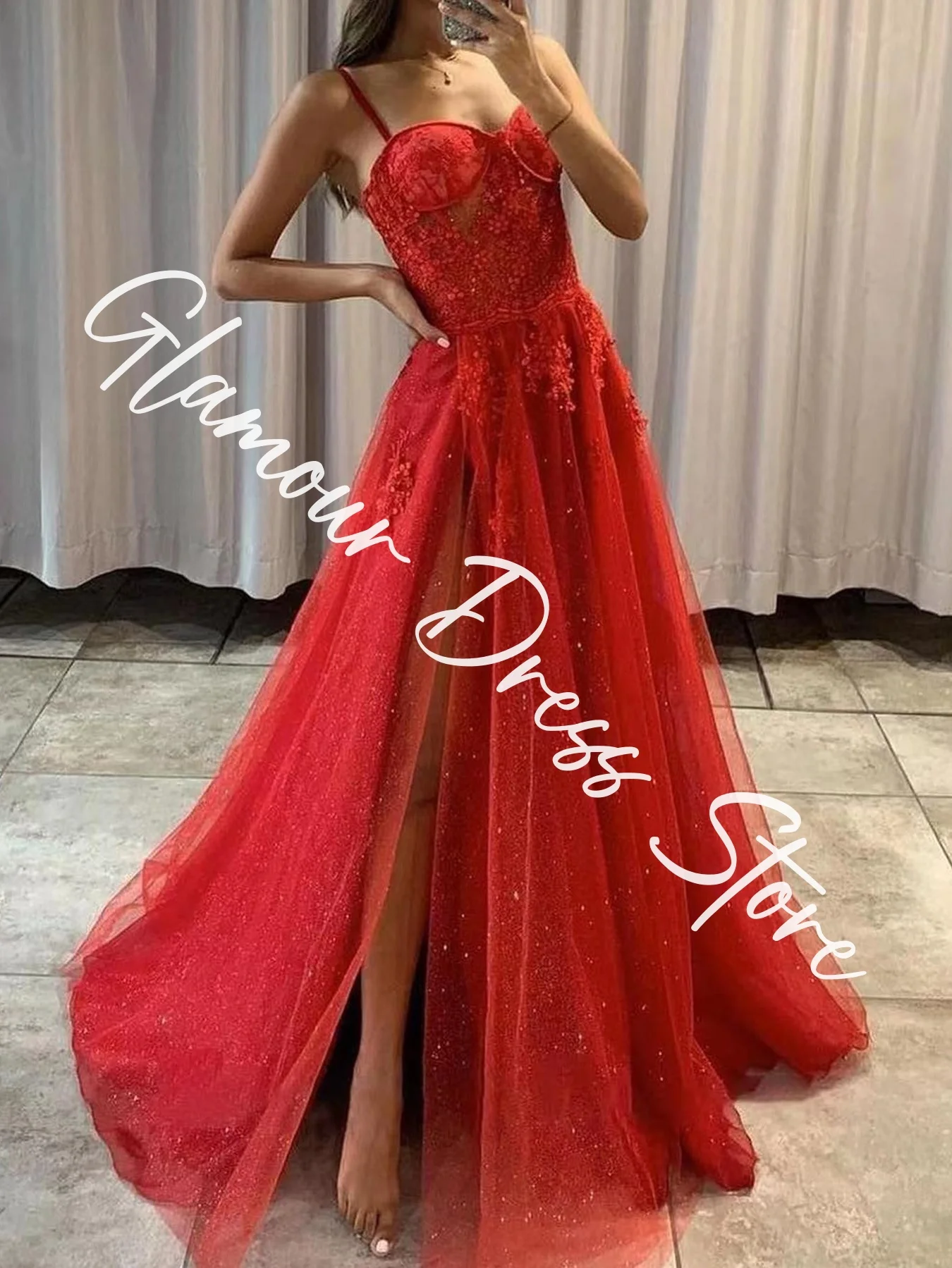 Personalizado requintado tule a linha cintas de espaguete lantejoulas vestidos de noite sem alças painel trem vestido de baile vermelho