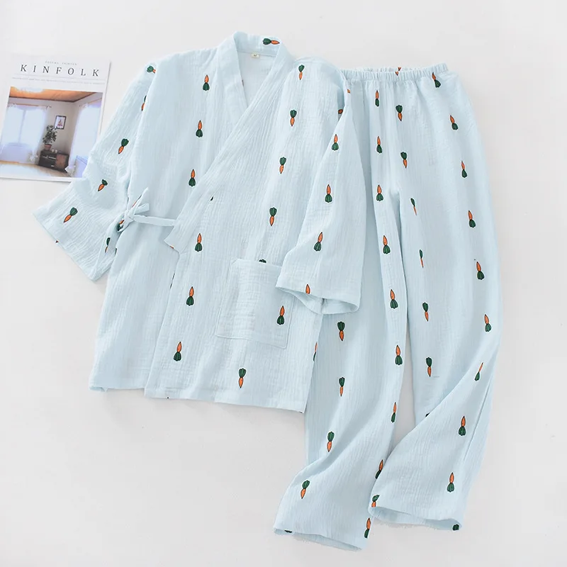 New 100% Cotton Crepe Women Long Sleeved Trousers Pajama Set V-Neck Carrot Printing Pajamas Kimono 2 Piece Soft Household Suit