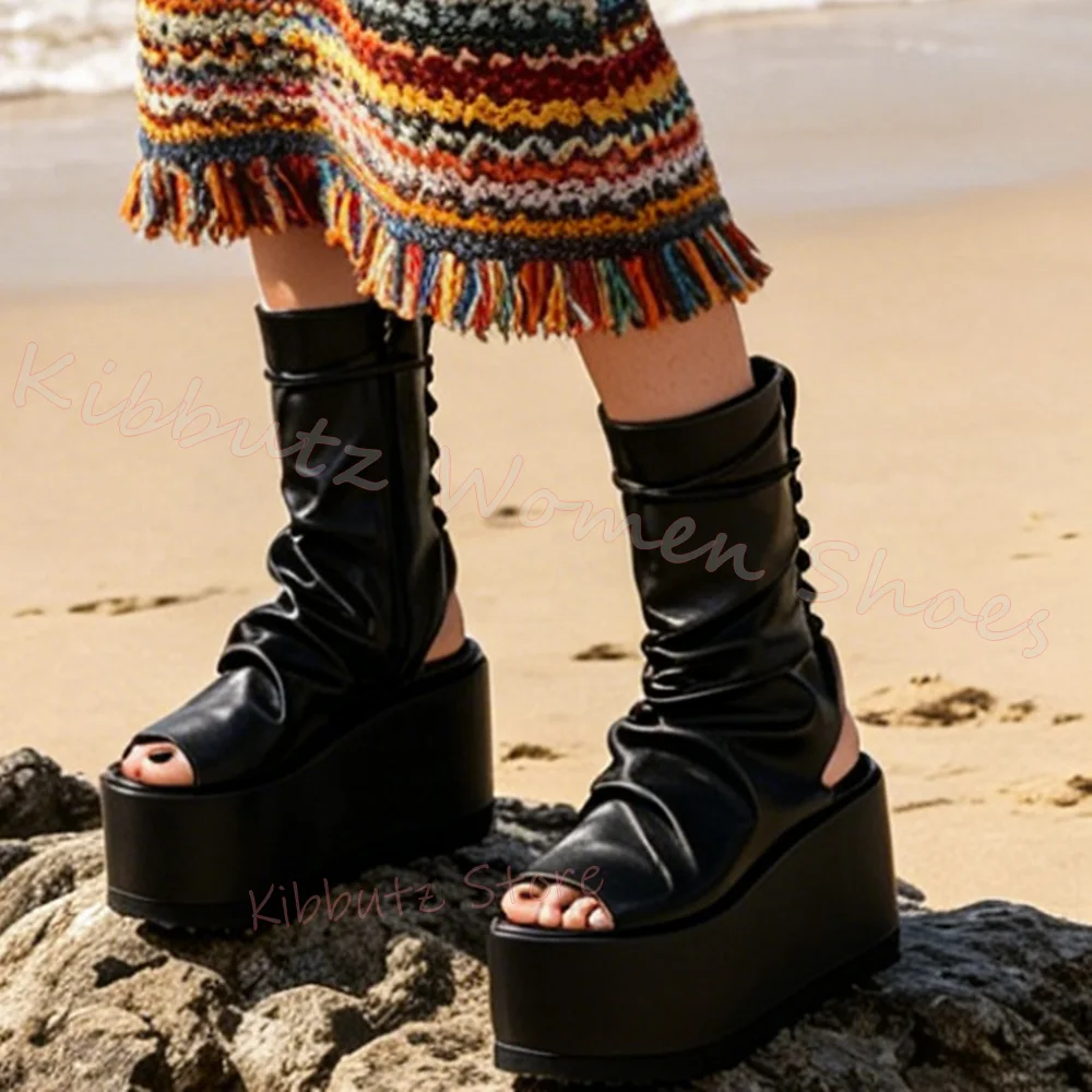 Lace-Up Thick Bottom Sandals Platform Ankle Boot Leather Round Toe Solid Color Goth Punk Style Elegant Concise Fashion Novelty - view 4