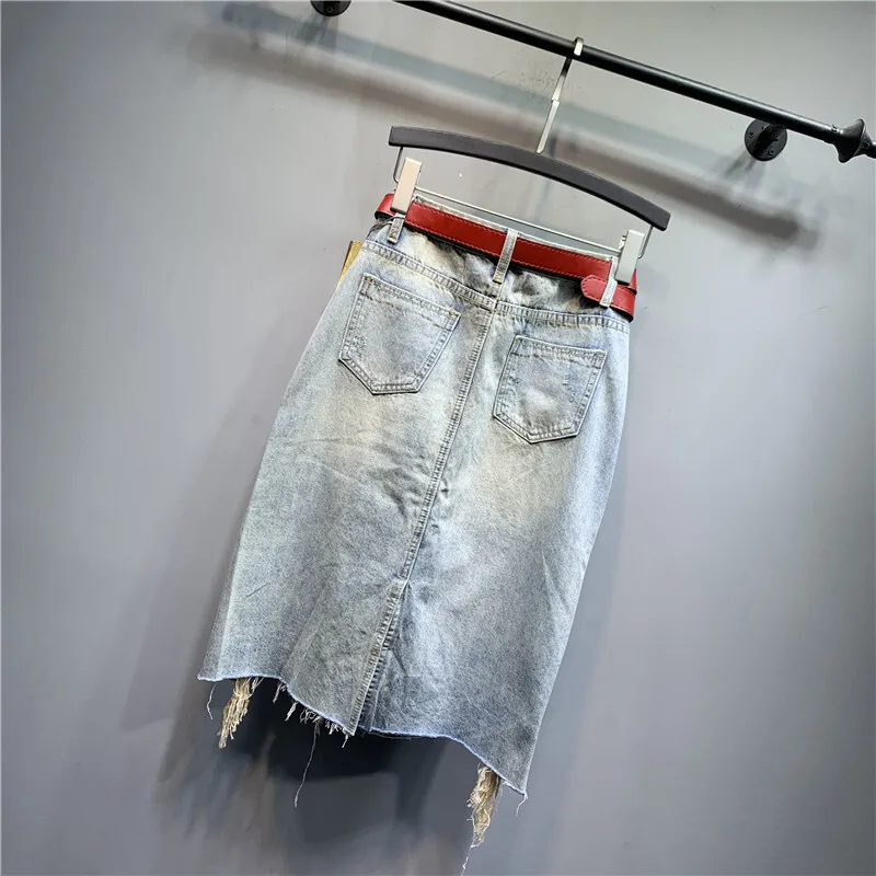 European 2024 New Product Heavy Industry Shining Punched Cowboy Half Skirt High Waist Versatile A-line Skirt Long Skirt