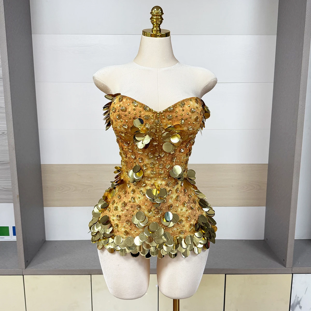 Goldenes Funkelndes Strass-Pailletten-Minikleid, Sexy Trägerloses Netzkleid, Durchsichtig, für Damen, Abendparty, Geburtstag, Nachtclub, Bühnenkostüm