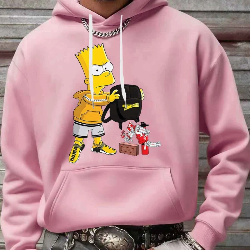 سويت شيرت بقلنسوة للرجال من The Simpsons مع نص نمط طباعة الرسوم المتحركة Bart للخريف والشتاء. قميص مقنع للرجال جديد