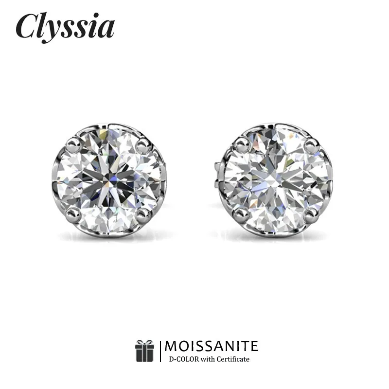 

CLYSSIA Moissanite Lab Created Diamond Stud Earrings 18K White Gold Plated 925 Silver Round Cut Classic Design Sparkling